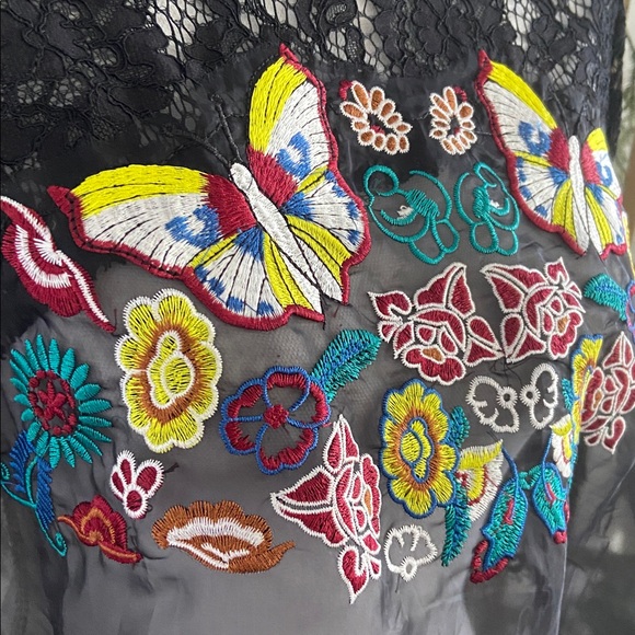 Beautiful black organza overlay babydoll sheer dress embroidered lace butterfly - Picture 5 of 16